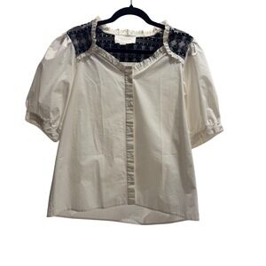 The Shirt Rochelle Behrens Embroidered Ruffle Neck Puff Sleeve Button Up Small
